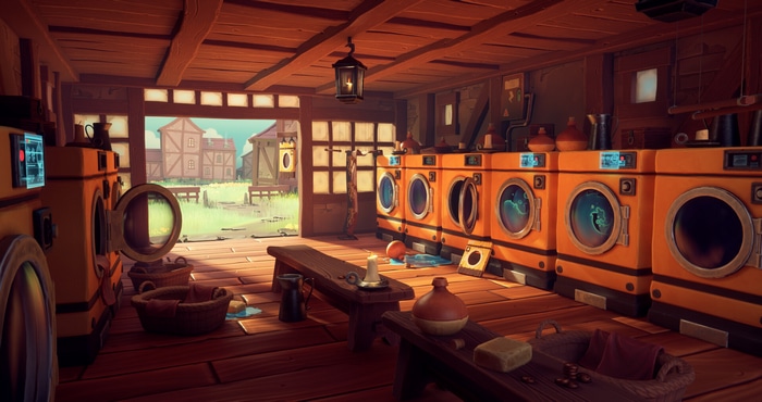 Medieval laundry room with washing machines and village view