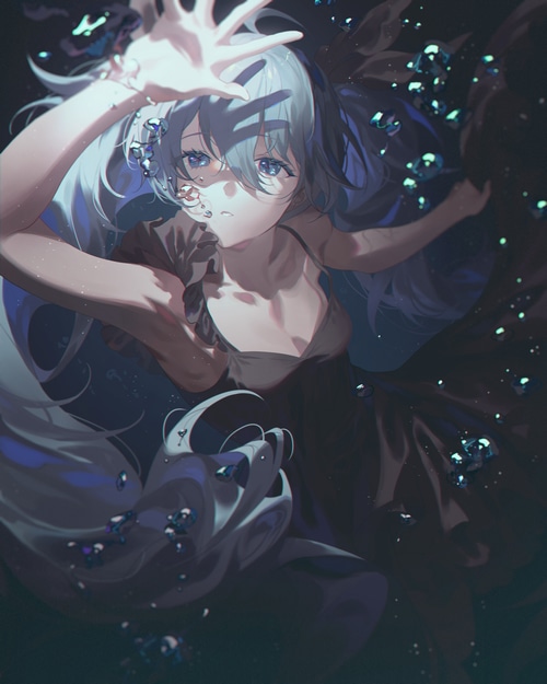 Hatsune Miku underwater with bubbles
