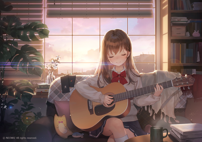 Girl playing guitar by the window at sunset