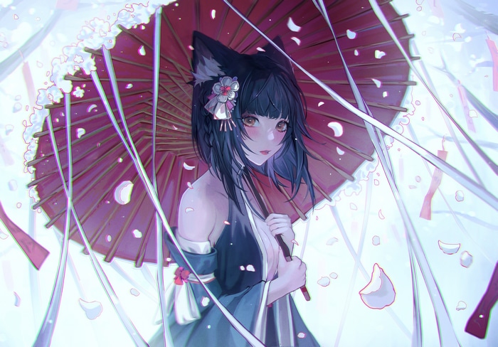 Cat girl with umbrella and falling petals