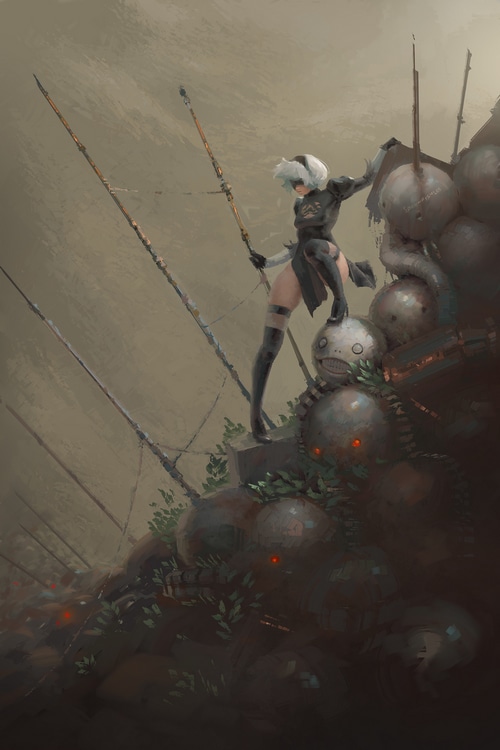 2B with a spear on a pile of robots
