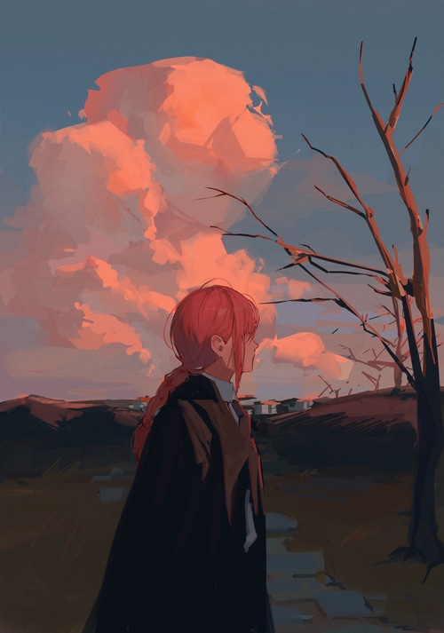 Makima from Chainsaw Man looking at clouds