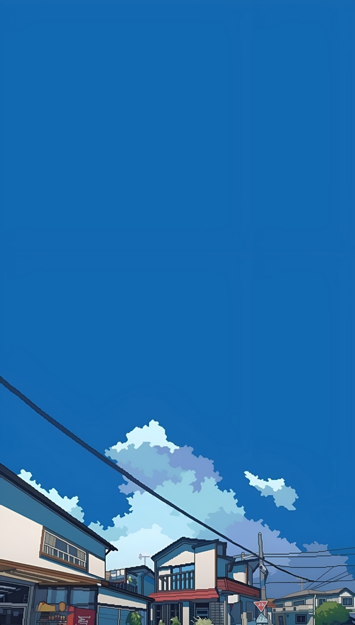 Anime street scene with blue sky and clouds