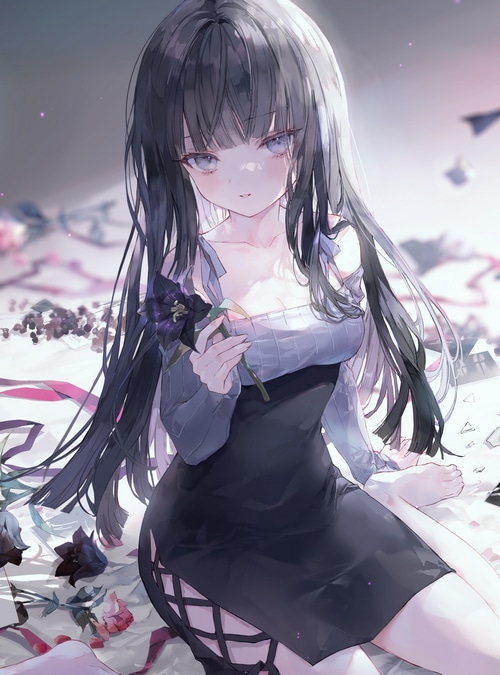 Girl with black hair holding a black flower