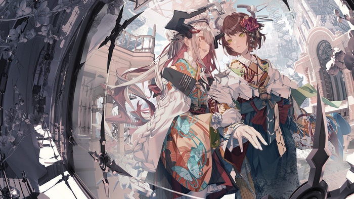Two anime girls in kimonos with ornate headwear