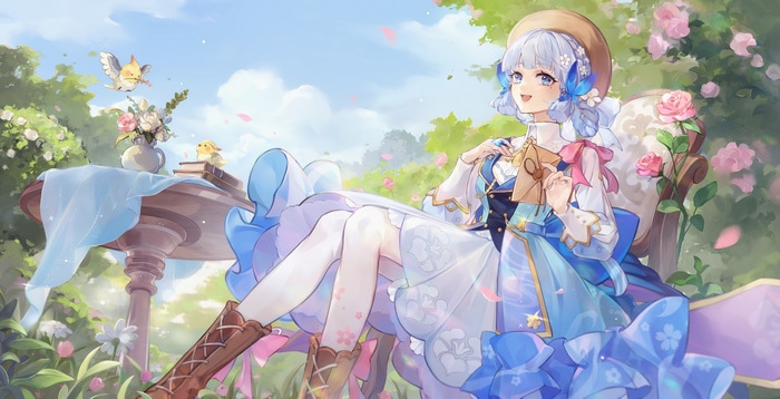 Kamisato Ayaka with a letter in a garden