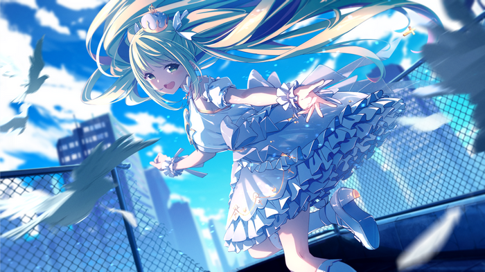 Girl with crown and birds in the sky