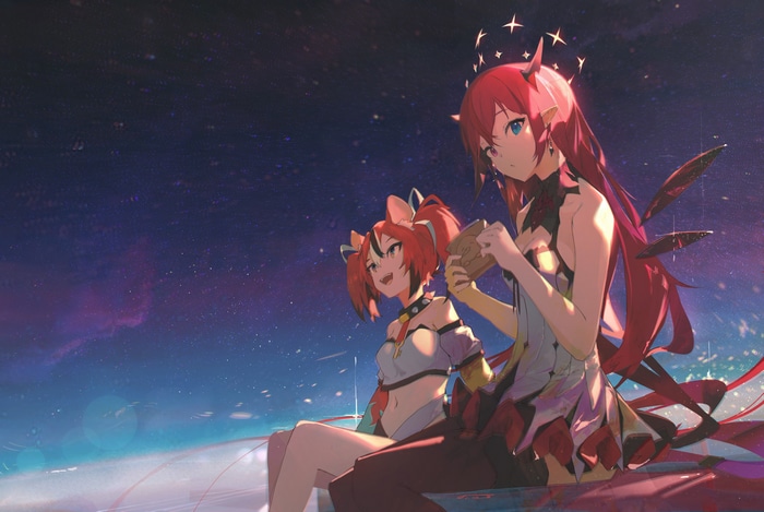 IRyS and Hakos Baelz under a starry sky