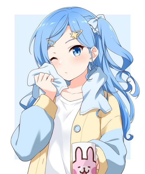 Girl with blue hair and towel