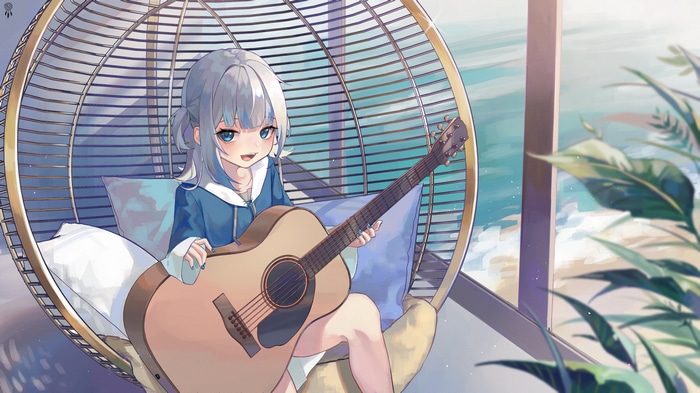4K Gawr Gura with Guitar by the Ocean