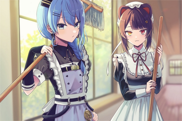 Hoshimachi Suisei and Inui Toko as maids with mops