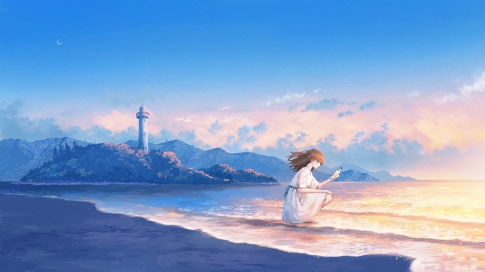 Girl with bottle by lighthouse at sunset