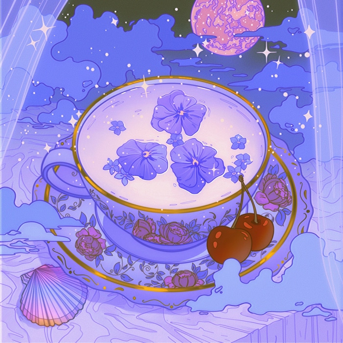 A surreal teacup with flowers and cherries under a pink moon