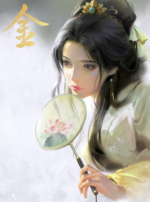 Asian woman with dark hair holding a fan