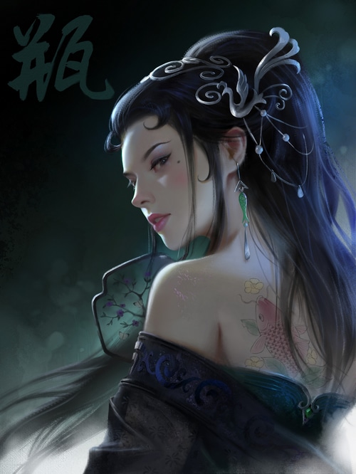Woman with dark hair and koi tattoo