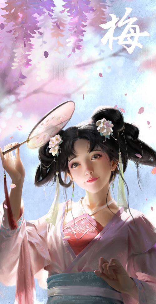 Asian woman with fan under wisteria flowers