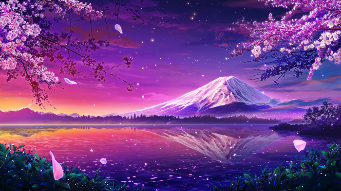 Mount Fuji reflected in a lake with cherry blossoms