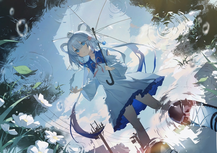 Girl with blue hair and umbrella in the rain