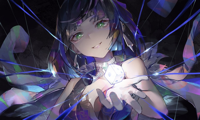 4K Yelan from Genshin Impact holding a glowing dice