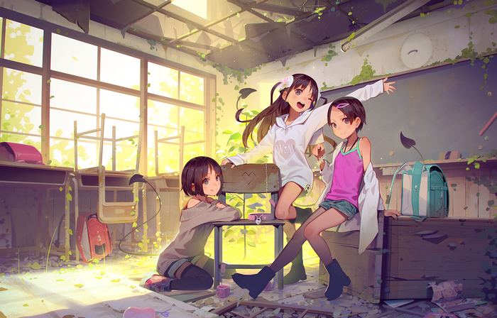 Three girls in a decaying classroom with sunlight