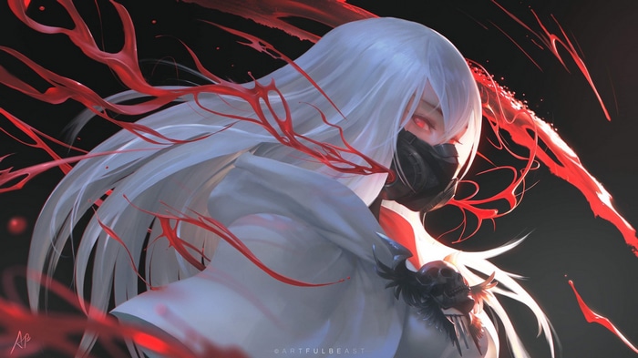 Woman with white hair, mask, and red eyes with blood