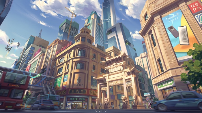 Futuristic Cityscape with Hoverboard Riders and Advertisements