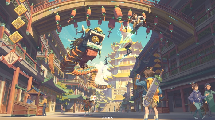 Chinese dragon and skateboarders in a city street