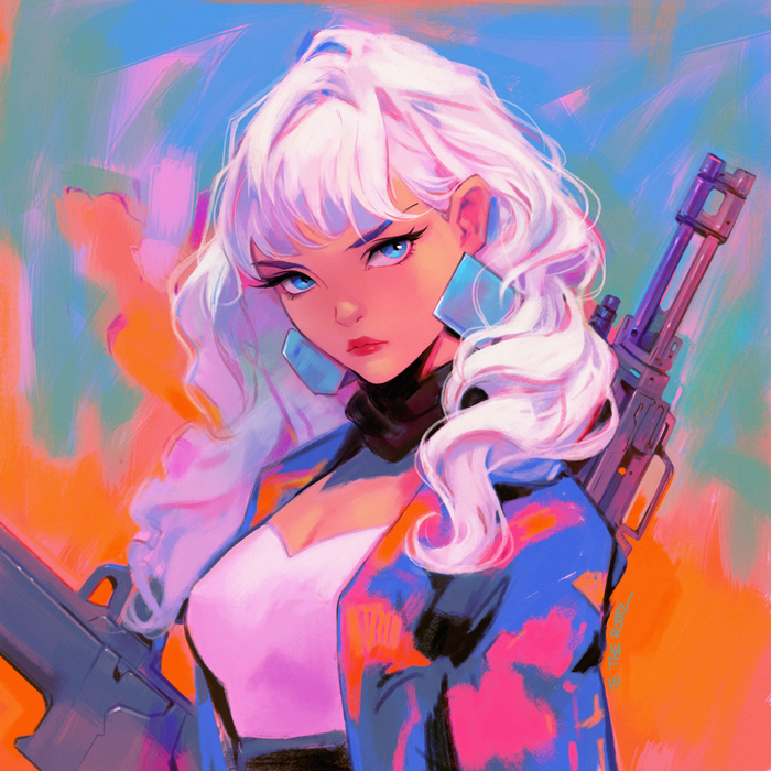 Woman with white curly hair and blue eyes holding a gun