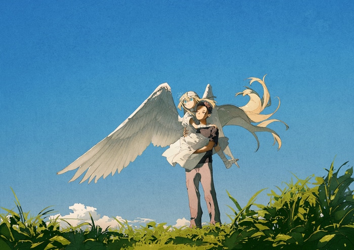Angel carrying a person with large wings
