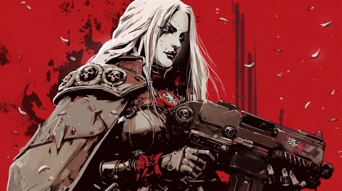 Warhammer 40,000 artwork of a woman with a gun