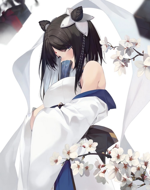 Anime girl with black and white hair holding a fan