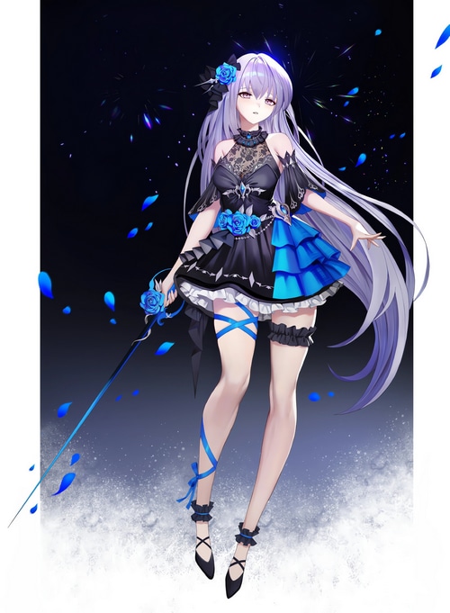 Anime girl with purple hair and blue roses holding a sword