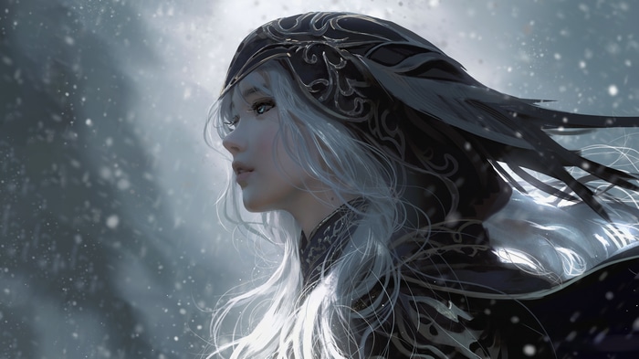Fantasy girl with white hair in a hood