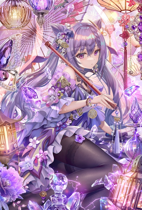 Keqing playing flute surrounded by crystals and lanterns