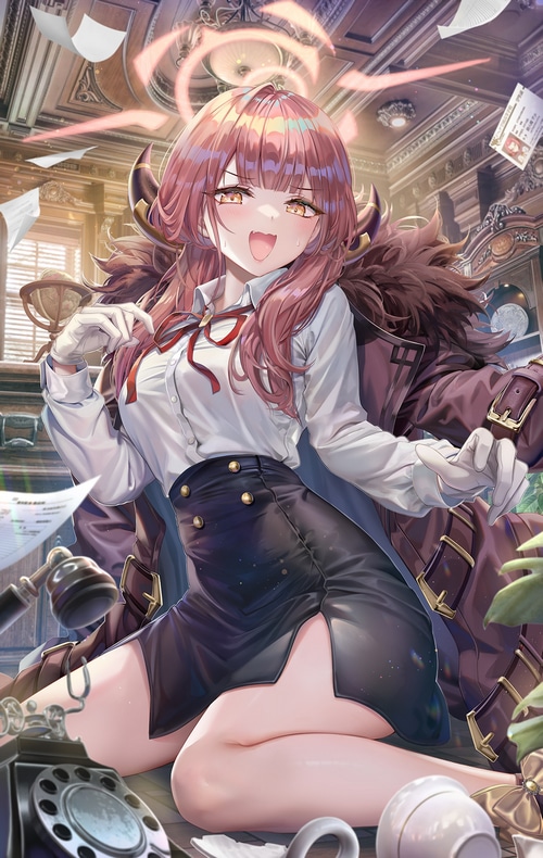 Aru Rikuhachima with horns and yellow eyes