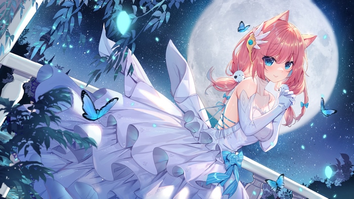 Fox girl in white dress with butterflies under the Moon