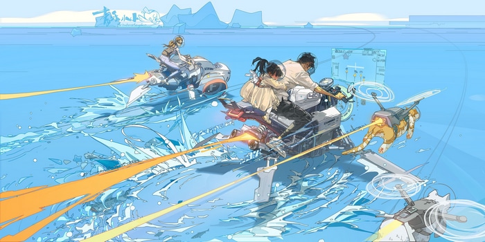 Futuristic vehicles race across a futuristic sea