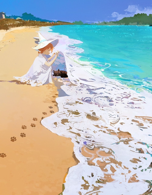Girl in a witch hat on a beach with a dog