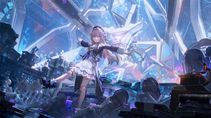 Herta from Honkai: Star Rail in a futuristic library