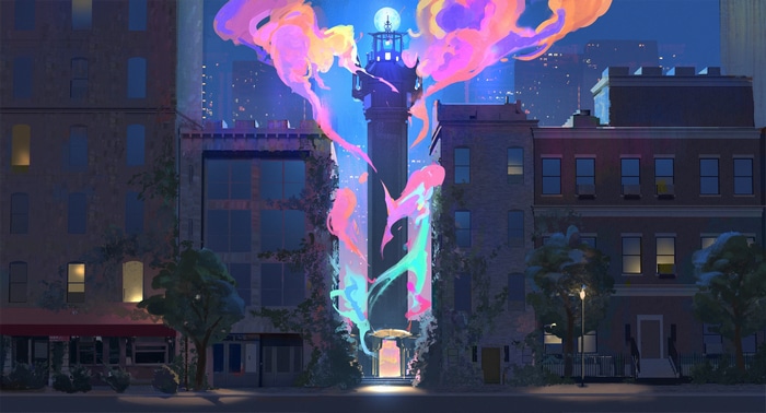 Fantasy art of a lighthouse with colorful smoke at night