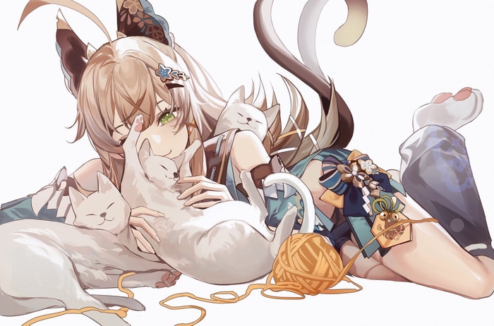 Kirara from Genshin Impact with cats and yarn