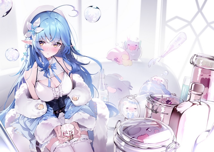Yukihana Lamy with blue hair and elf ears
