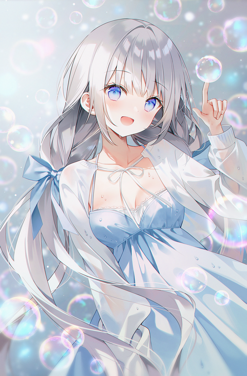 Girl with blue dress and bubbles