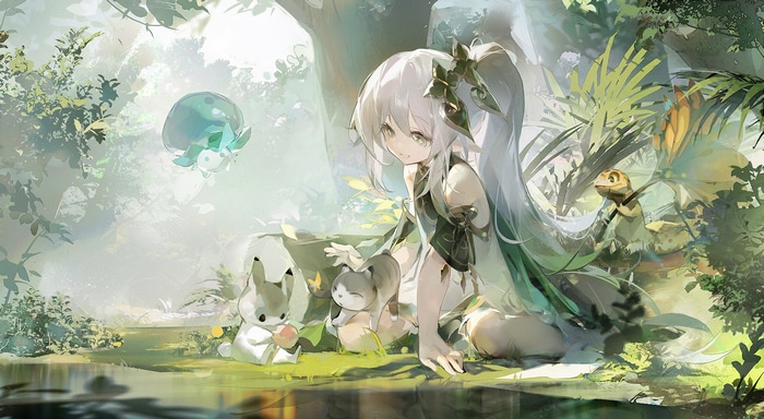 Nahida with animals in a sunlit forest