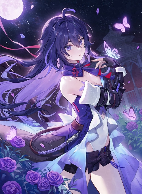 Seele surrounded by purple roses and butterflies at night