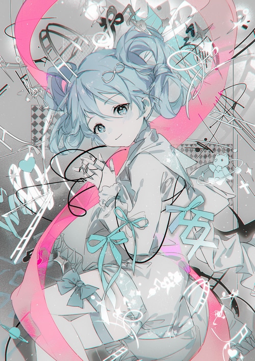 Anime girl with blue hair and musical notes