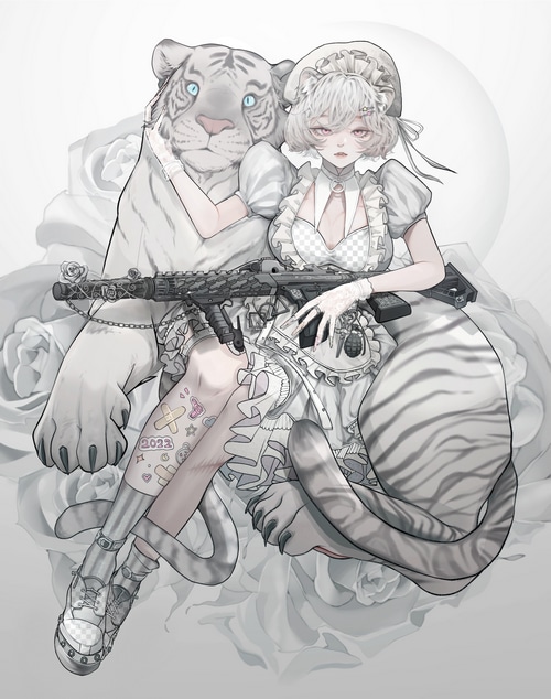 Girl with white tiger and assault rifle