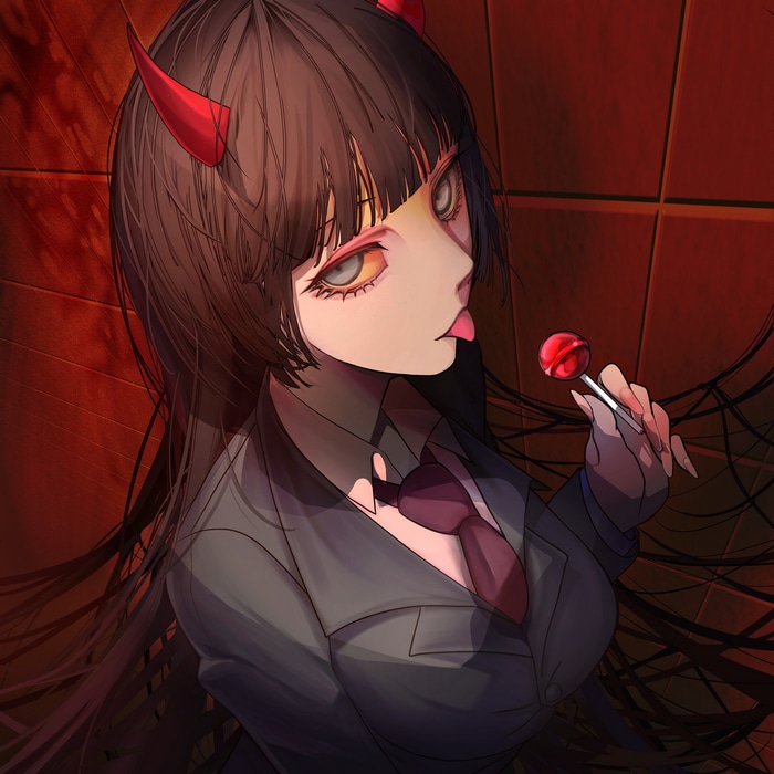 Myrica with devil horns holding a lollipop