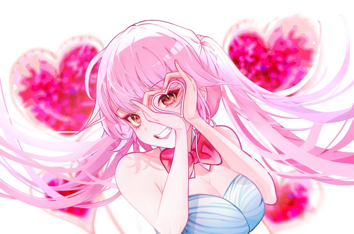 Anime girl with pink hair making heart hands