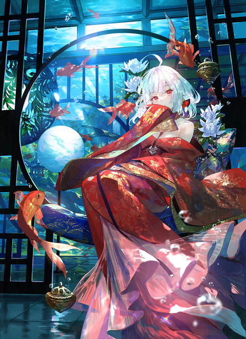 Anime girl in red kimono with goldfish and water lilies